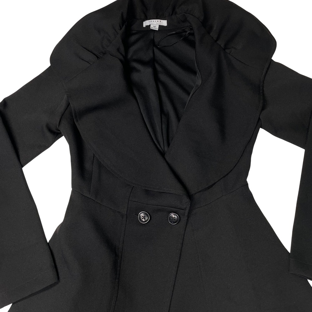 FAVLUX Black Shawl Collar Peplum Jacket Coat Womens M Fit Flare Trench Double B